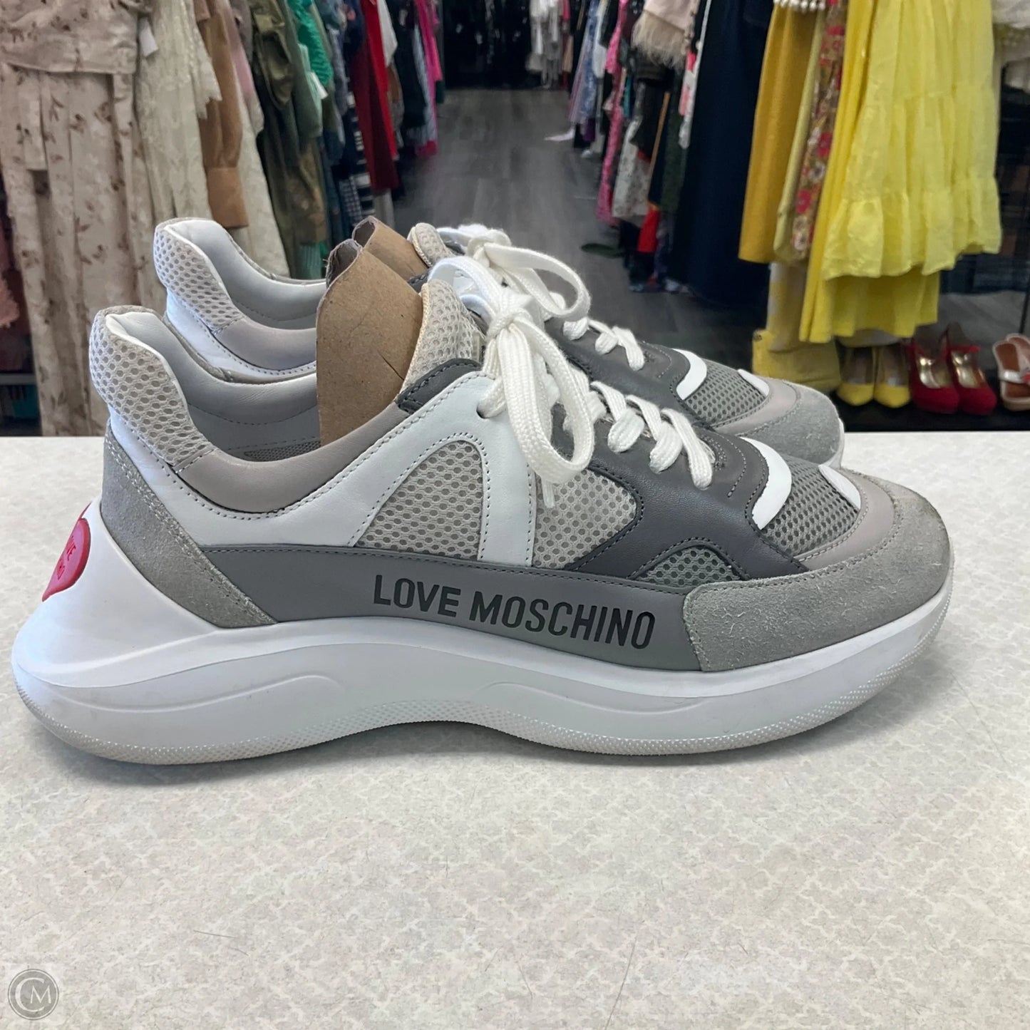 Shoes Luxury Designer By Moschino In Grey, Size: 8.5