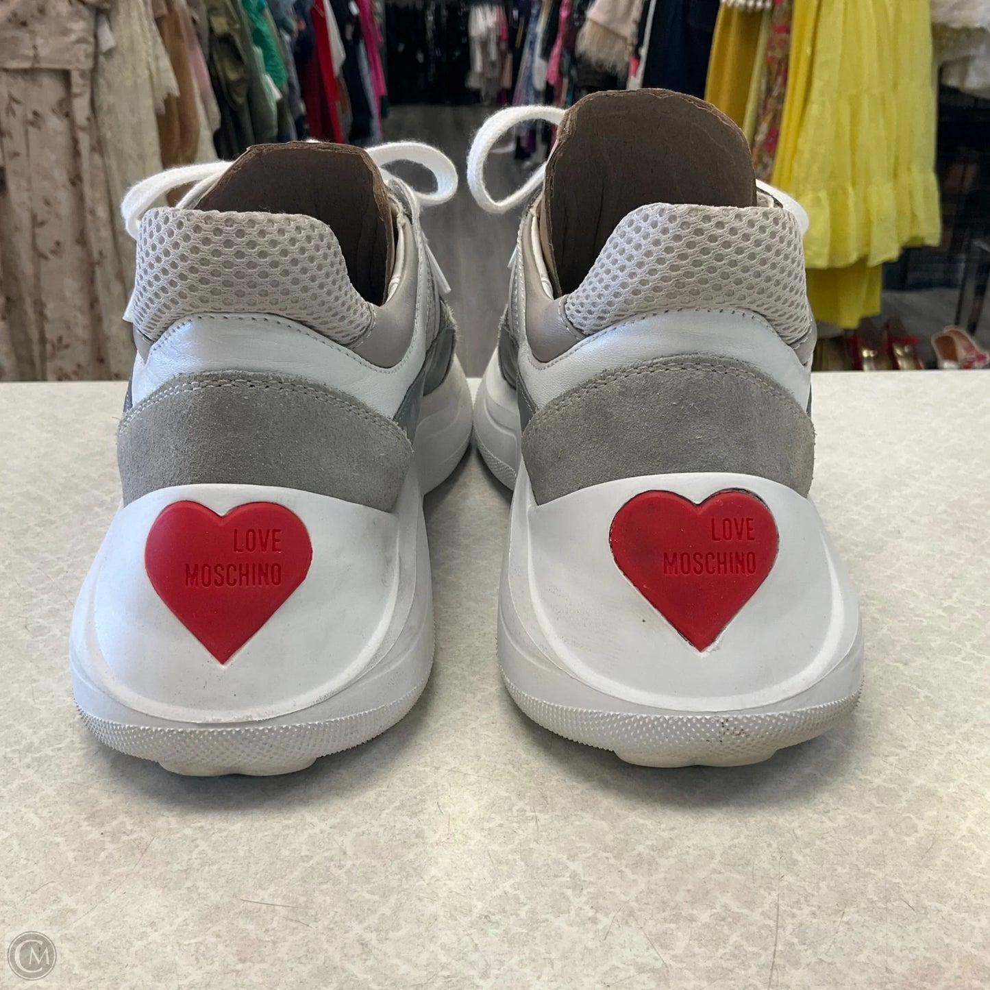 Shoes Luxury Designer By Moschino In Grey, Size: 8.5