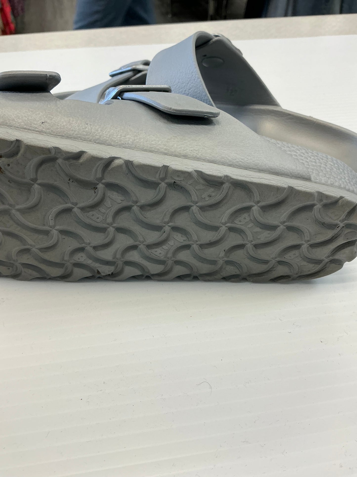 Sandals Flats By Birkenstock In Silver, Size: 5