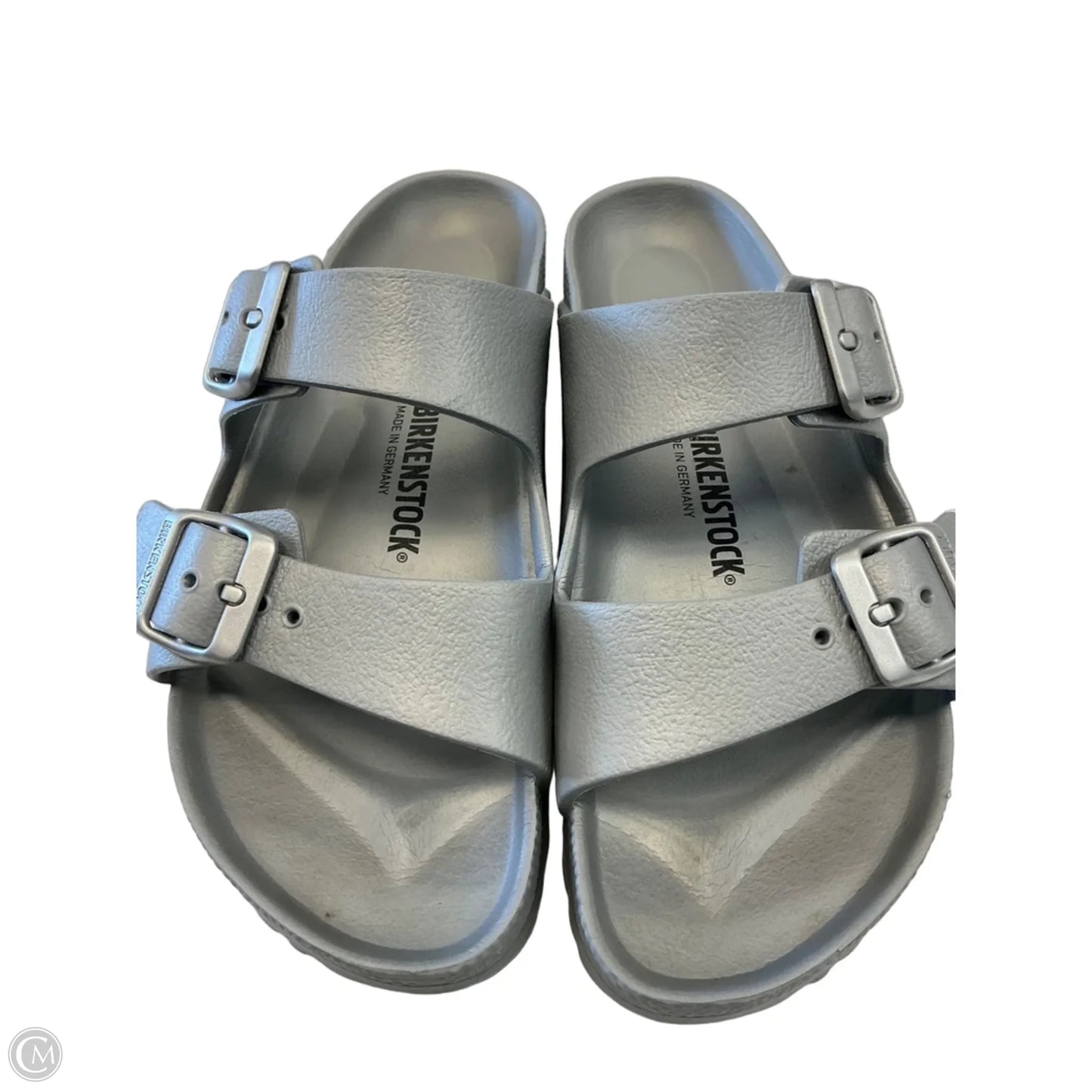 Sandals Flats By Birkenstock In Silver, Size: 5