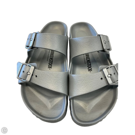 Sandals Flats By Birkenstock In Silver, Size: 5